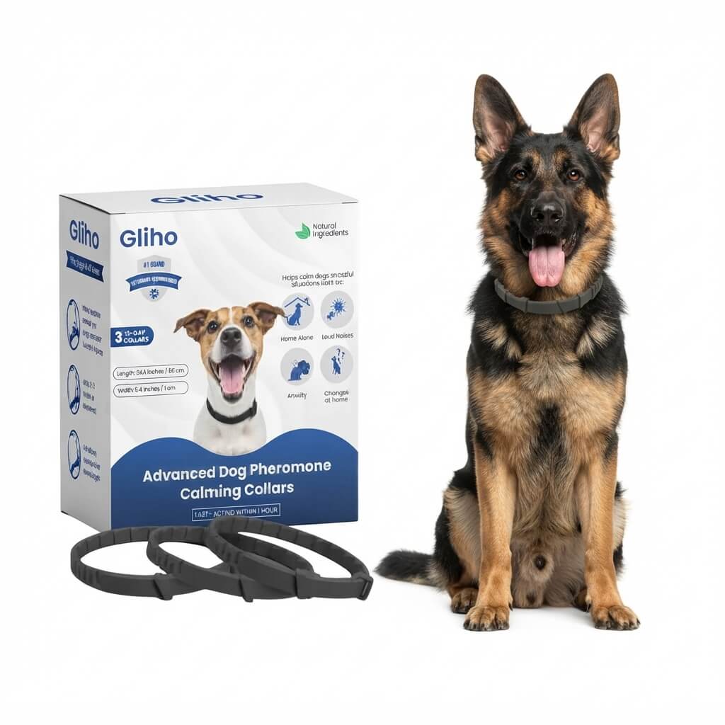 Gliho calming collars for dogs with retail box, worn by a German Shepherd